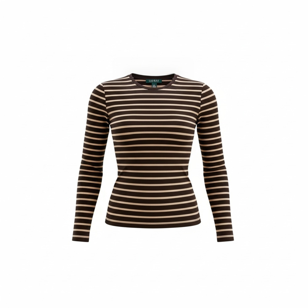 Lauren Ralph Lauren Long Sleeve T-Shirt Size L Striped Brown Crewneck